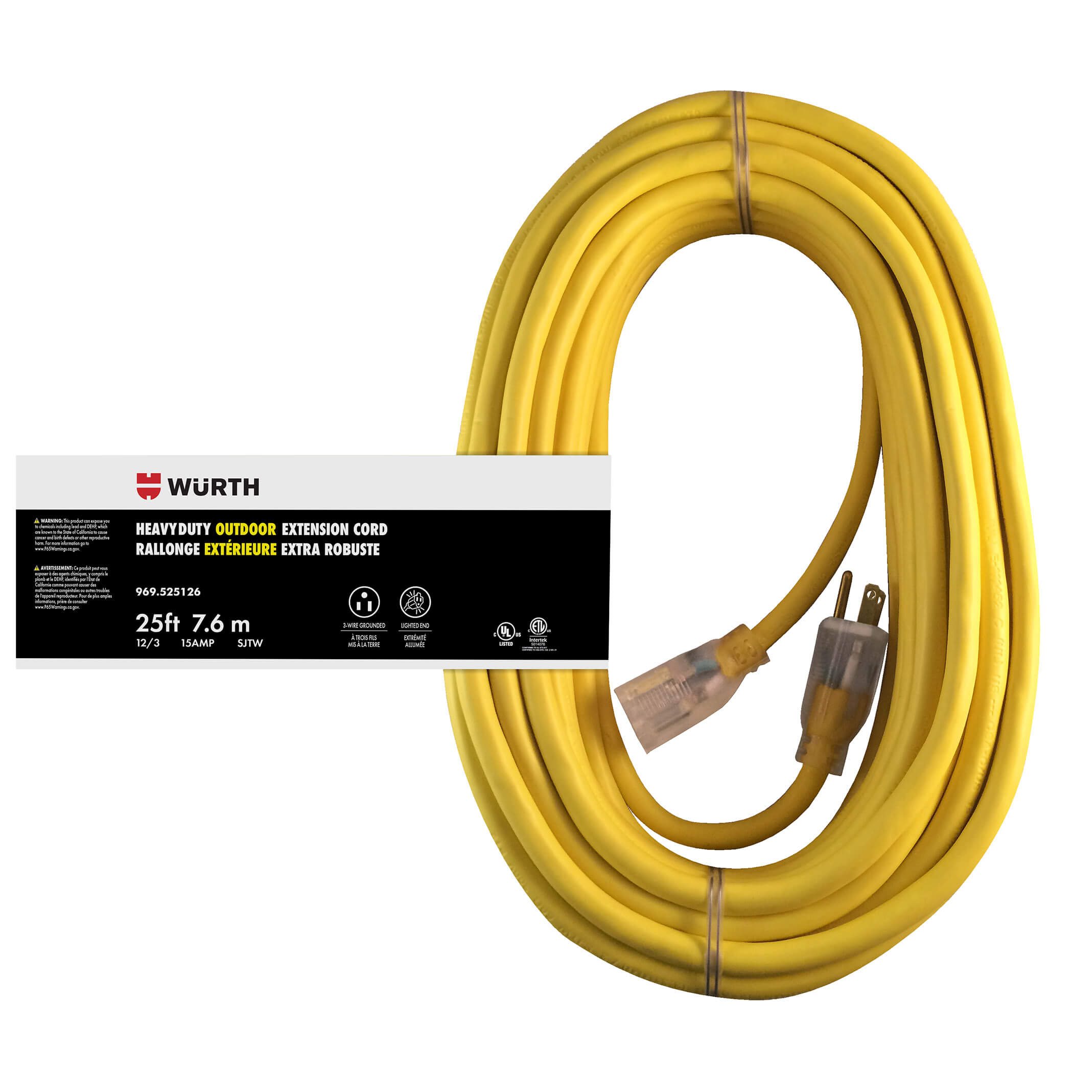 12/3 SJTW Yellow Outdoor Extension Cord Lighted End 25