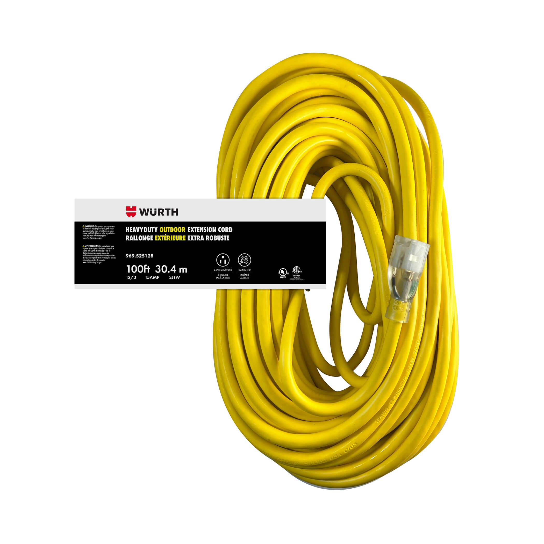 12/3 SJTW Yellow Outdoor Extension Cord  Lighted End 100'